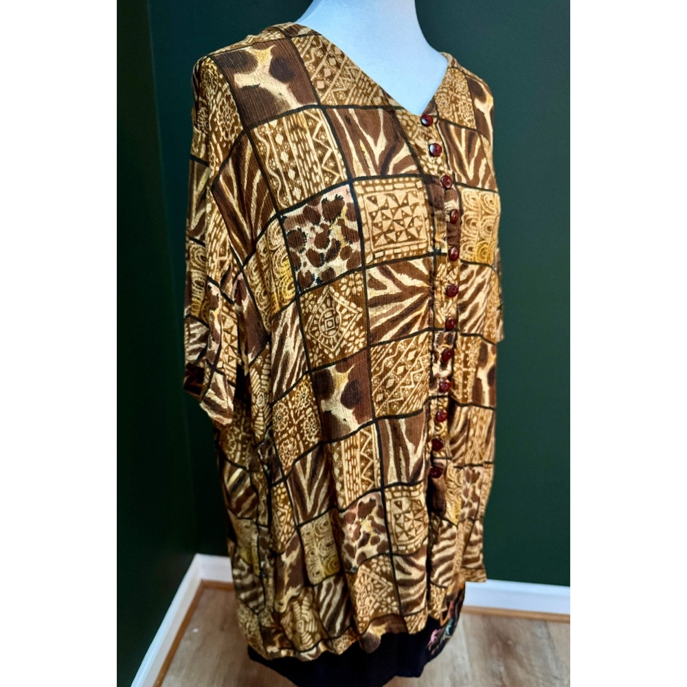 Vintage Club Z Collection Animal Print Patchwork Button Front‎ Blouse Women's 14 - Picture 3 of 8